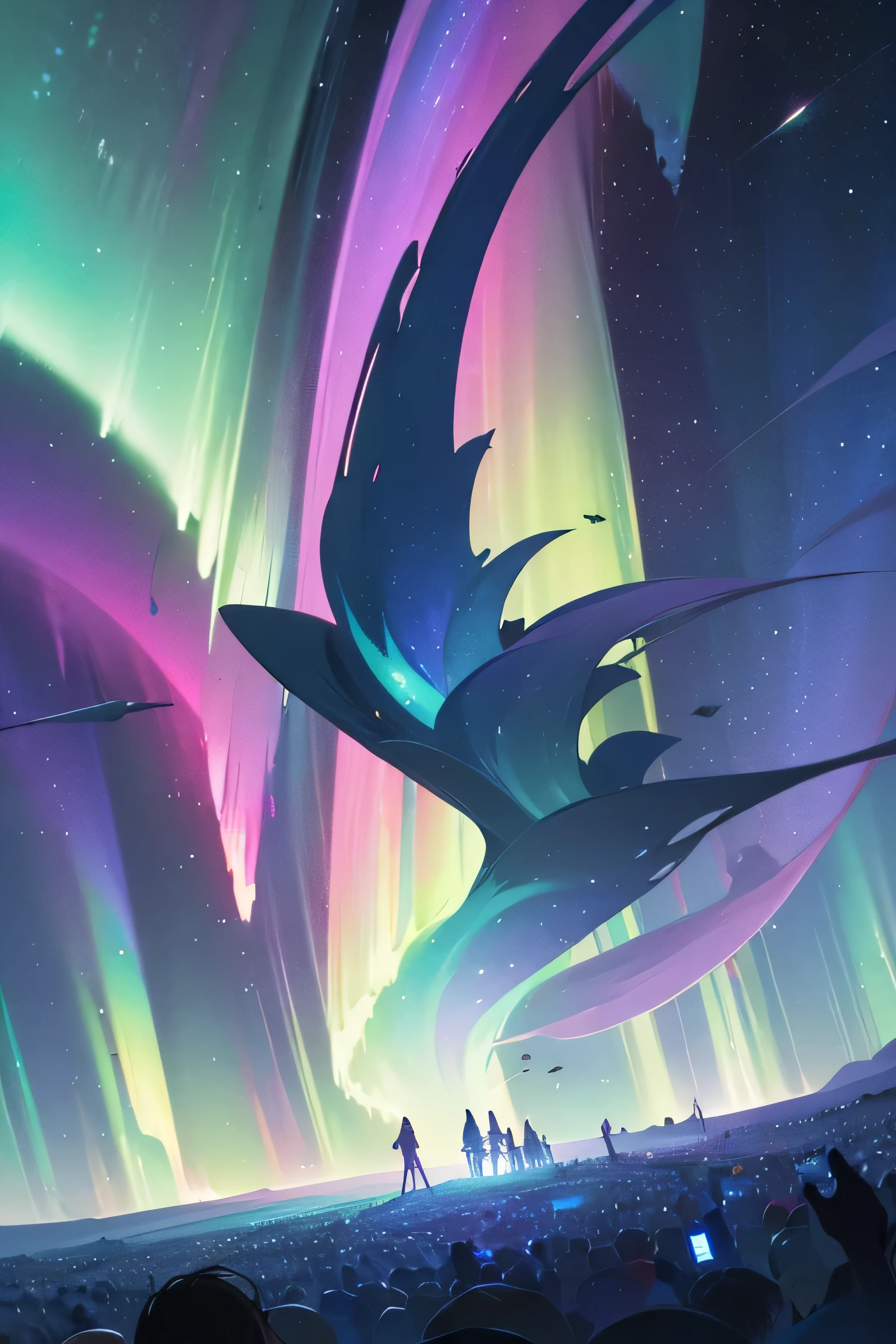 A breathtaking scene, with the night sky illuminated by a spectacular moving aurora borealis. Lights dance and undulate in shades of green, blue and purple, creating hypnotic, shimmering patterns that stretch to the horizon. Below, a crowd of people gather in an open space, hands raised to the sky as they are enveloped by the infectious energy of electronic music. It is a scene of pure magic and wonder, where nature and technology come together in a unique harmony.
