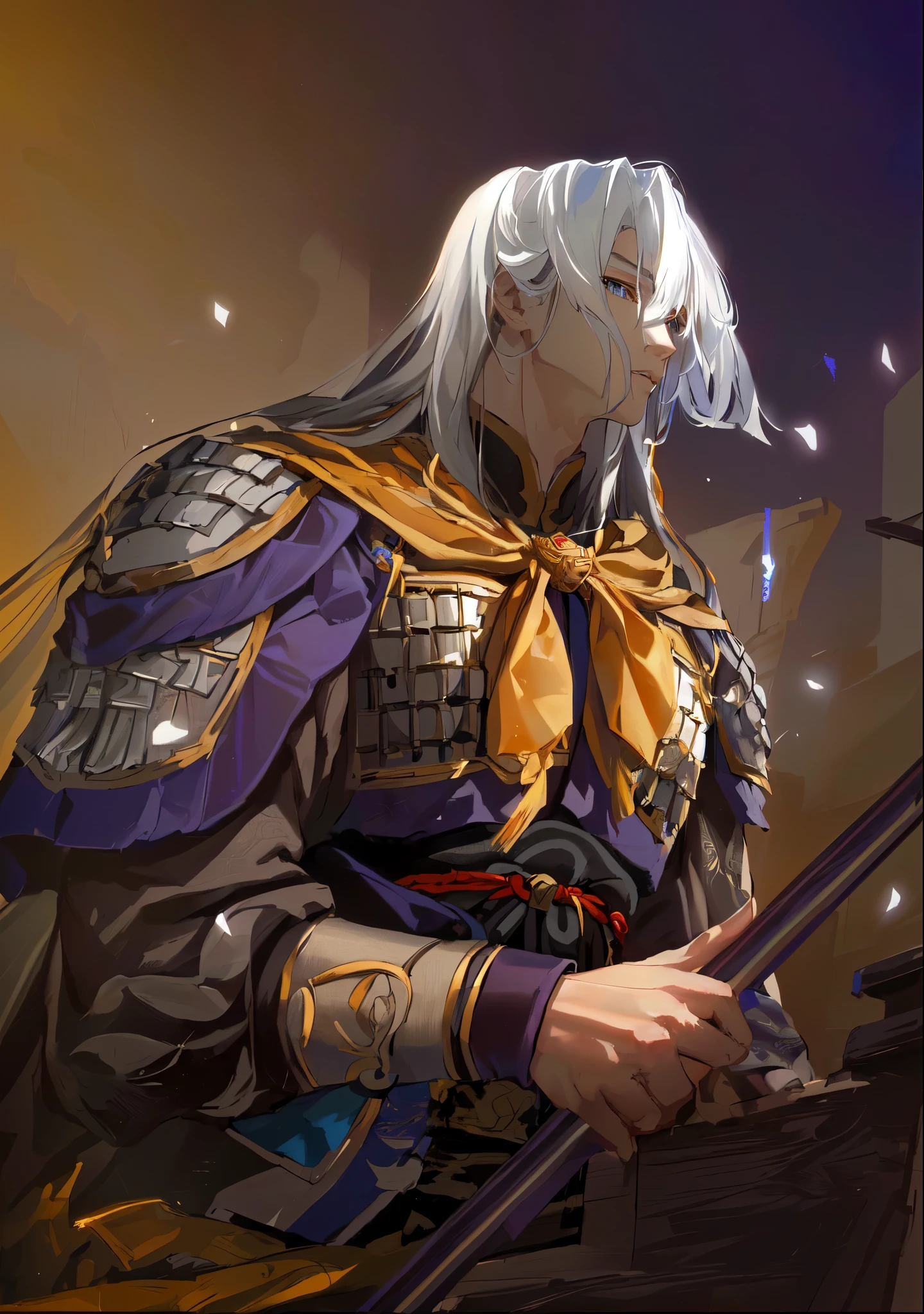 masterpiece, best quality, (Extremely detailed CG unified 8k wallpaper), (best quality), (Best Illustration), (best shadow), Ridiculous, Realistic lighting, (abyss), works of art,,Chinese style,Chinese military commanders,Jiang Wei,Zhao Yun,Ma Chao,,Hayama Ryo,Three Kingdoms,Dynasty Warriors,juvenile将军,handsome guy,white hair,,没有胡子的handsome guy,juvenile,Chinese armoerce eyes,black skin