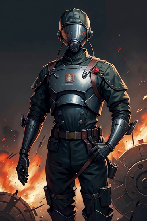 machine, automaton, military, robot, officer uniform, gas mask, soldier, communist, solo, simple background, humanoid, Russian, soviet, two eyes, circular eyes, tubing, dark, sword, officer's sword, feminine, flat-chested, black armor, tubing, helmet tubing, chest tubing, no breasts, flat chest, officer, soviet officer, soviet officer hat, solo, officer dress uniform, soviet uniform, 