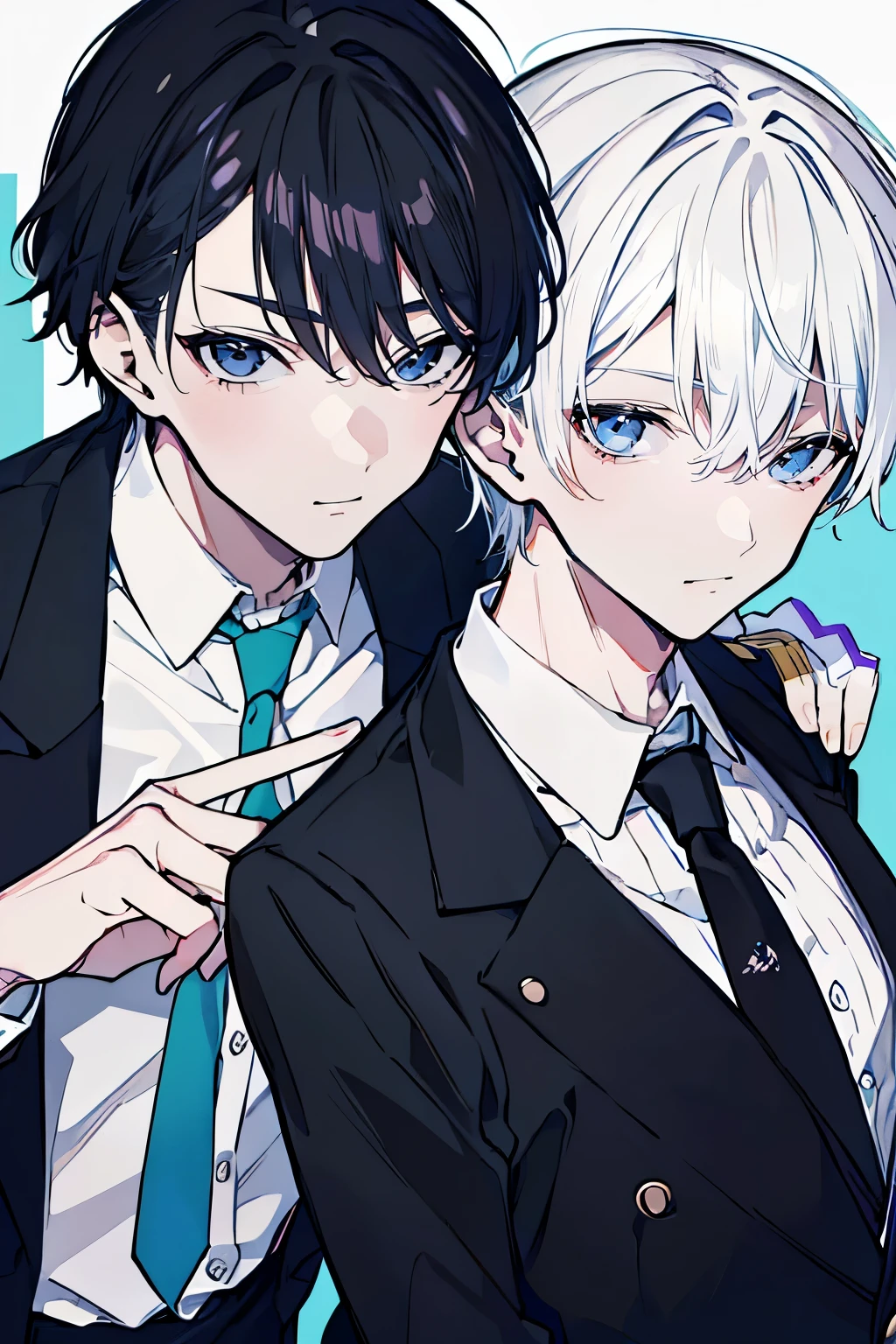 (muste piece), (best quality), very detailed, ((Two friendly men)), perfect face, beautiful face, very detailed顔,(black haired man:1.3),(white haired man:1.uit,shirt