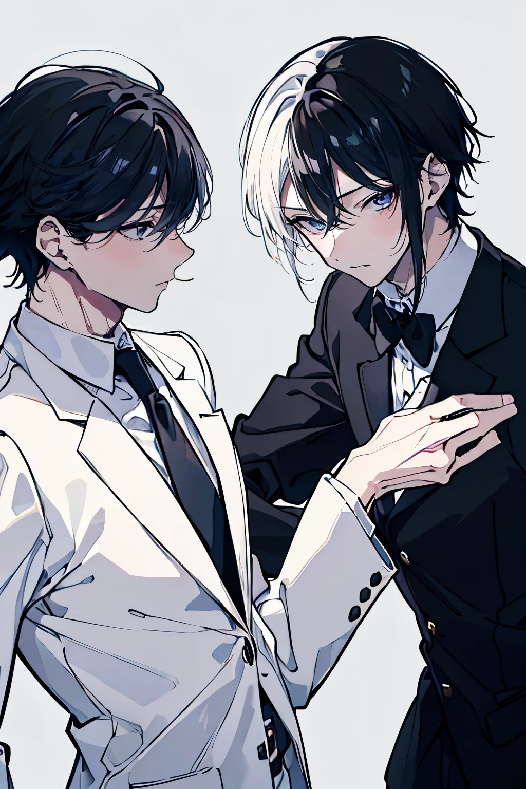 (muste piece), (best quality), very detailed, ((Two friendly men)), perfect face, beautiful face, very detailed顔,(black haired man:1.3),(white haired man:1.3),suit,shirt