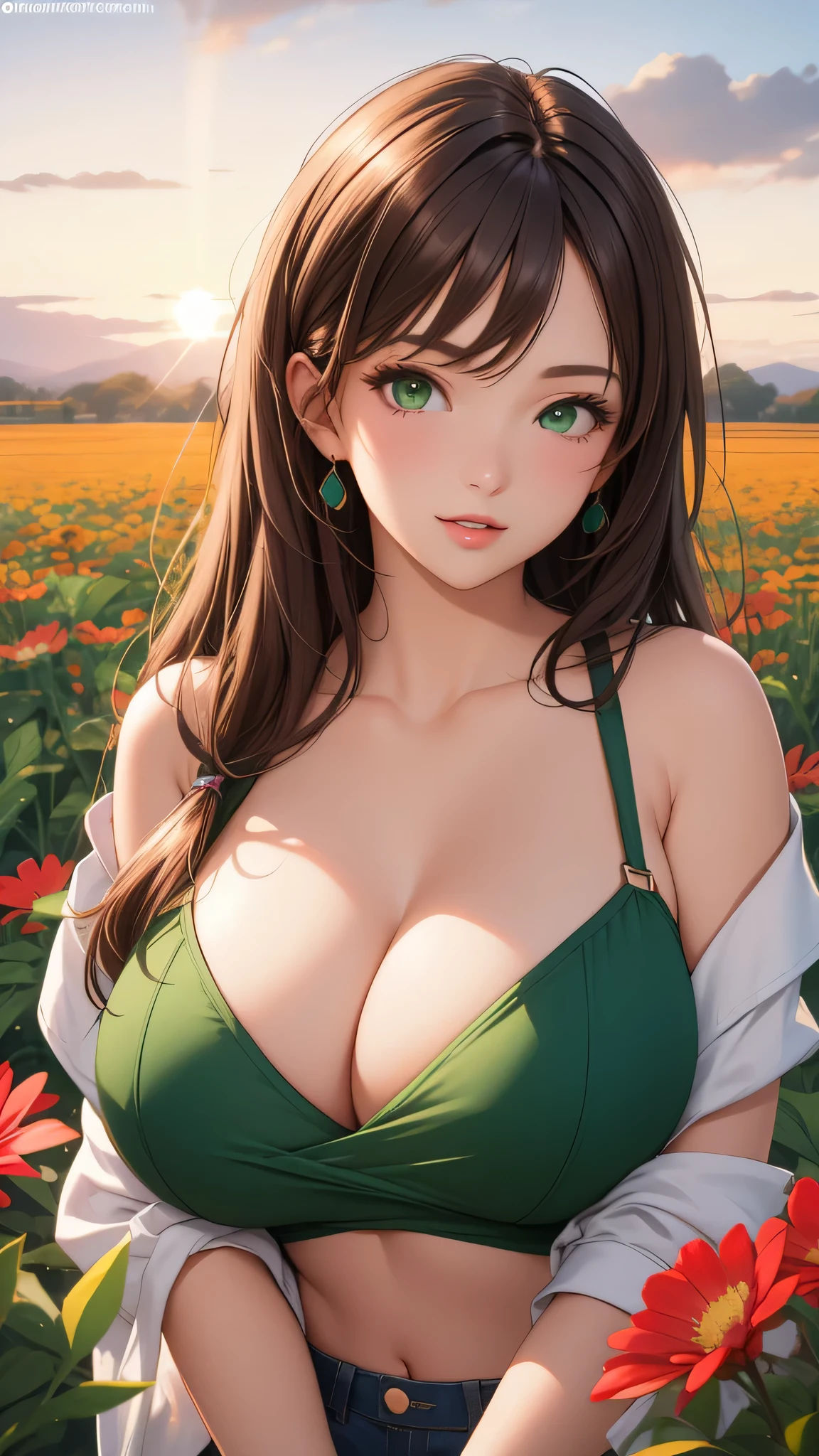 ((best quality)), sexy, brown hair, green eyes, pretty, skimpy blouse, colourful flower field, massive breasts, colours, sexy, upper body, cleavage, sunset, sexy,