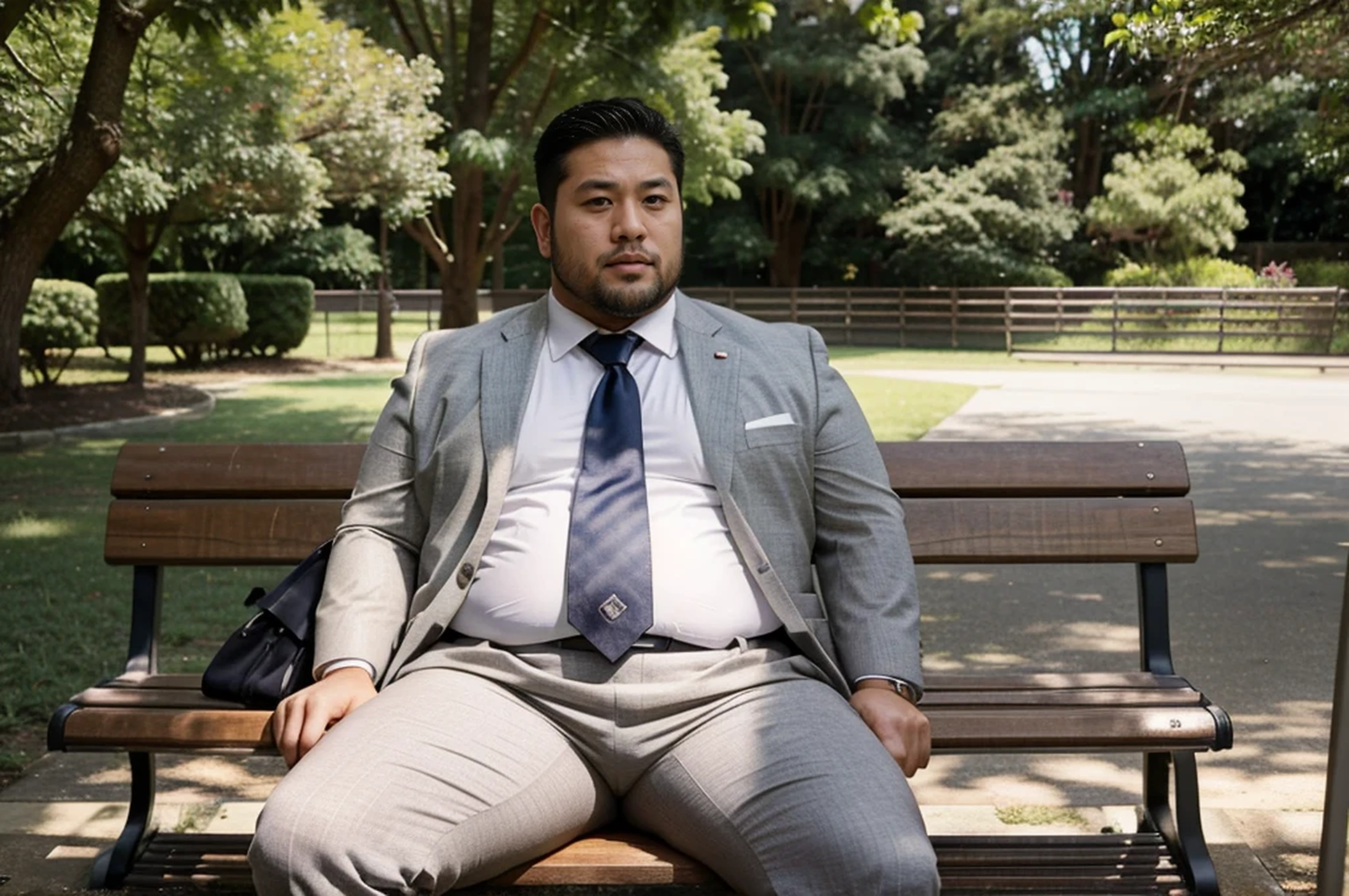 36 years old chubby stocky thick Japanese business man who is a former rugby player with short hair and short beard in suit and tie and white competitive swim pants sitting on a bench in a quiet park.