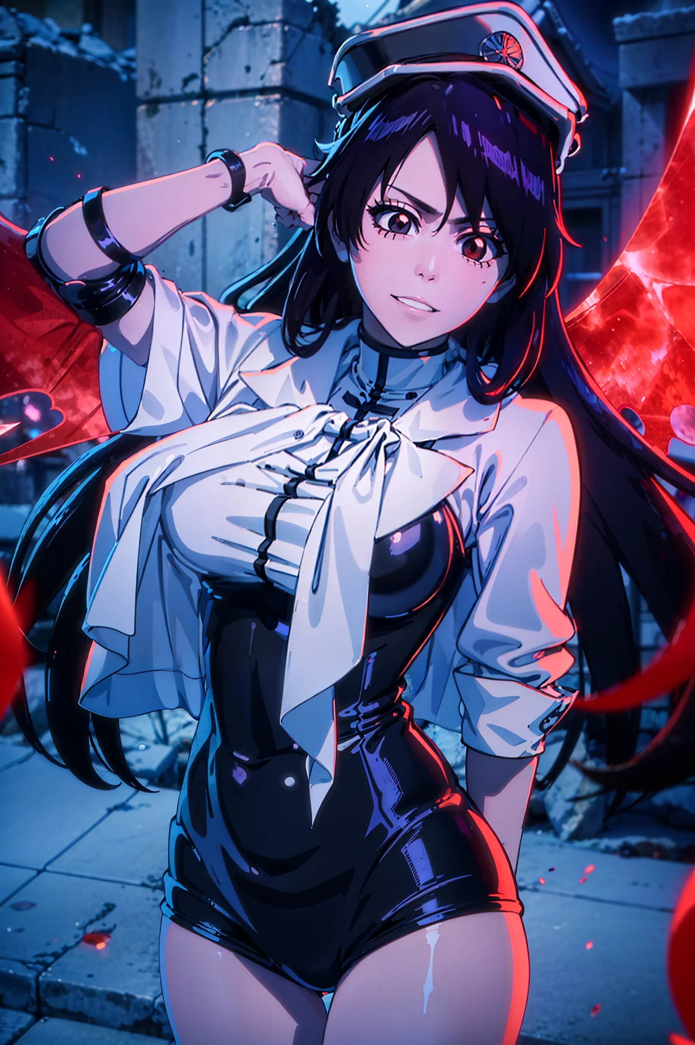 (best quality, masterpiece:1.2), realistic portrait of Chitanda Eru, with long flowing hair, closed mouth, and captivating big eyes, ((dressed in full tight black latex clothes)). She stands gracefully, looking at her outfit a bright smile. The picture showcases impeccable attention to detail, with ultra-detailed rendering of textures, vibrant colors, and sharp focus. The lighting accentuates the richness of the scene, creating a visually stunning and emotionally engaging masterpiece.