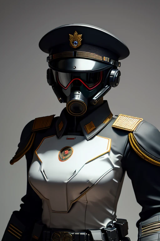 machine, automaton, military, robot, officer uniform, gas mask, soldier, communist, solo, simple background, humanoid, Russian, soviet, two eyes, circular eyes, tubing, dark, sword, officer's sword, feminine, flat-chested, black armor, tubing, helmet tubing, chest tubing, no breasts, flat chest, officer, soviet officer, soviet officer hat, solo, officer dress uniform, soviet uniform,
