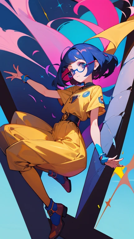 1 chica de piel oscura, usa gafas de montura gruesa que resaltan sus rasgos faciales, con pelo corto, camisa ajustada, con detalles en colores vibrantes y falda azul botas altas con suela