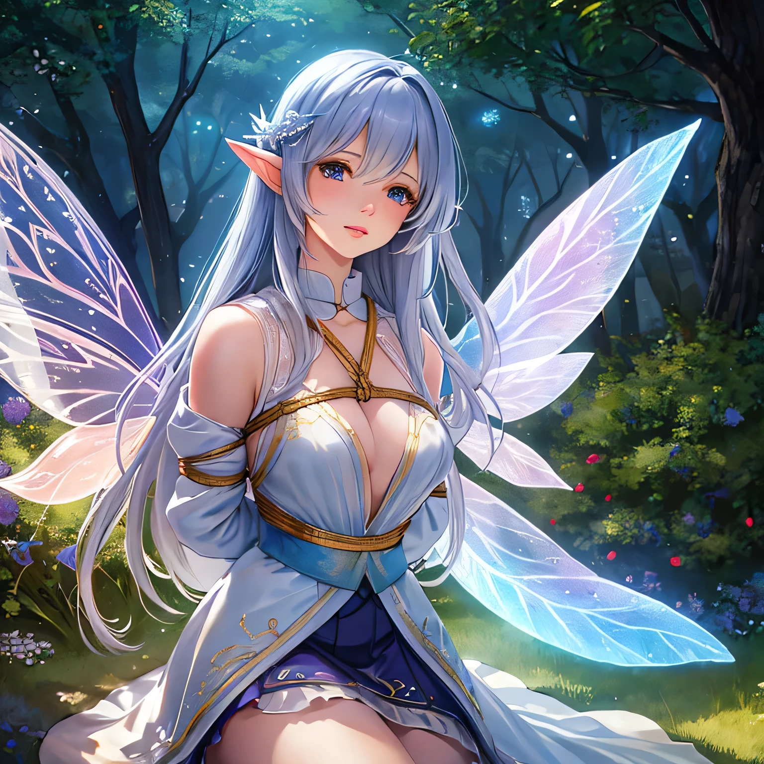 Make a picture where a beautiful fairy is bound, wearing a sheer skirt, in a gr3ysh33r medium, with detailed wings and a magical glow. The background should be enchanted forest with sparkling lights and soft sunlight. The fairy's eyes should be captivating and her lips delicate. The image should be of the best quality, with ultra-detailed features and a realistic, photorealistic style. The color palette should be vibrant and ethereal, with a dreamy atmosphere. The lighting should be soft and magical, highlighting the fairy's beauty and creating a sense of enchantment.