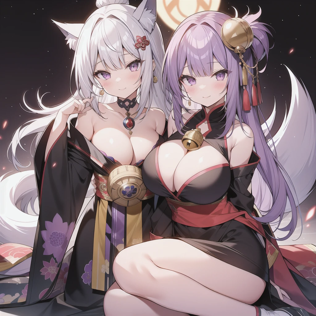 High resolution、highest quality、4K、gray hair、bangs bangs、slanted eyes、Purple Eyeshadow、purple lipstick、Glowing yellow eyes、Yellow bell hair ornament、pale skin、A girl with nine fox tails、深いPurple Oiran、Purple Oiran、topless、White fox ears、sexy、big breasts、cleavage、Ruthless smile、Pale-white fireball、fox fire、Full moon night、full body