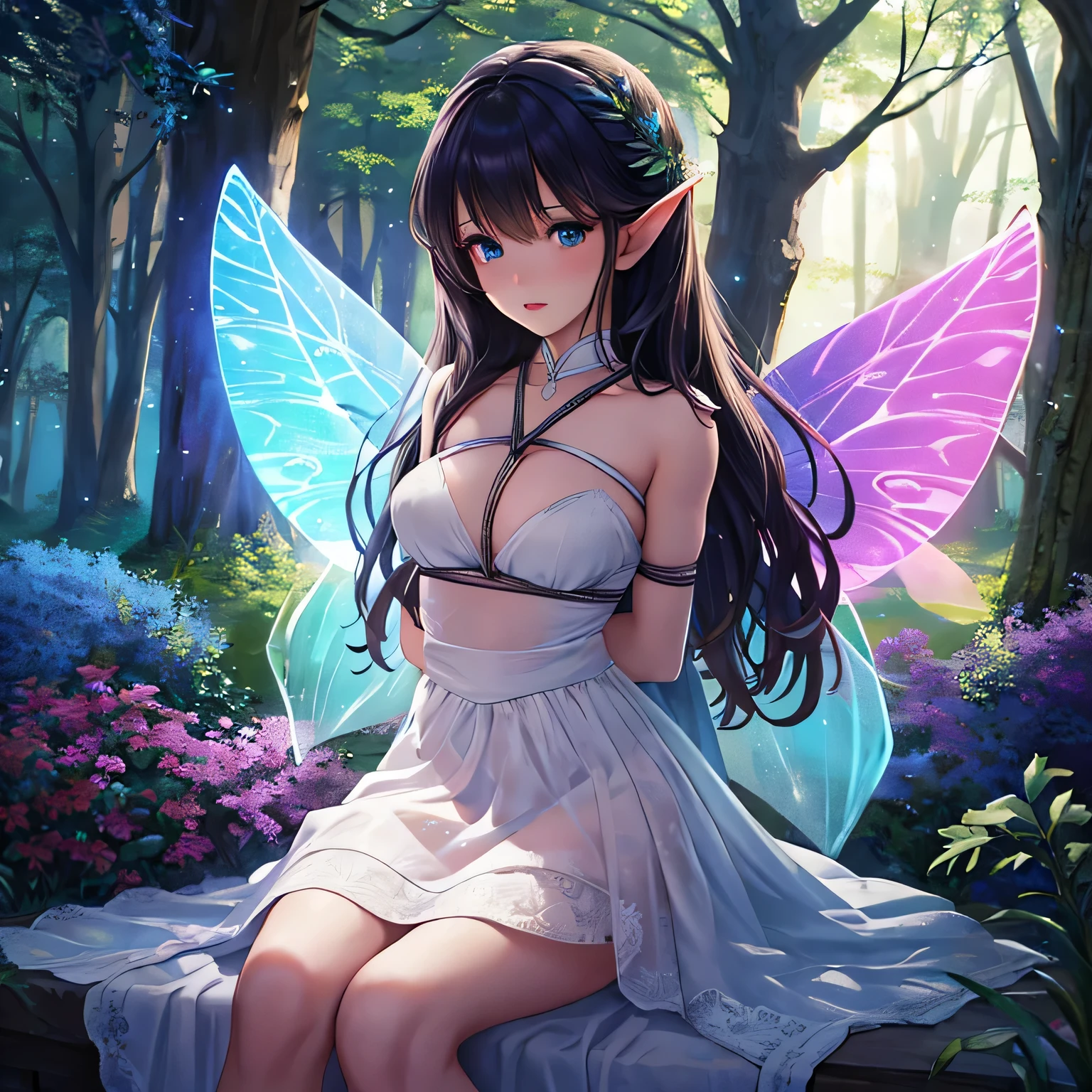 Make a picture where a beautiful fairy is bound, wearing a sheer skirt, in a gr3ysh33r medium, with detailed wings and a magical glow. The background should be enchanted forest with sparkling lights and soft sunlight. The fairy's eyes should be captivating and her lips delicate. The image should be of the best quality, with ultra-detailed features and a realistic, photorealistic style. The color palette should be vibrant and ethereal, with a dreamy atmosphere. The lighting should be soft and magical, highlighting the fairy's beauty and creating a sense of enchantment.