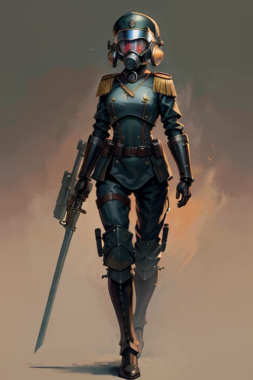 machine, automaton, military, robot, officer uniform, gas mask, soldier, communist, solo, simple background, humanoid, Russian, soviet, two eyes, circular eyes, tubing, dark, sword, officer's sword, feminine, flat-chested, black armor, tubing, helmet tubing, chest tubing, no breasts, flat chest, officer, soviet officer, soviet officer hat, solo, officer dress uniform, soviet uniform, 