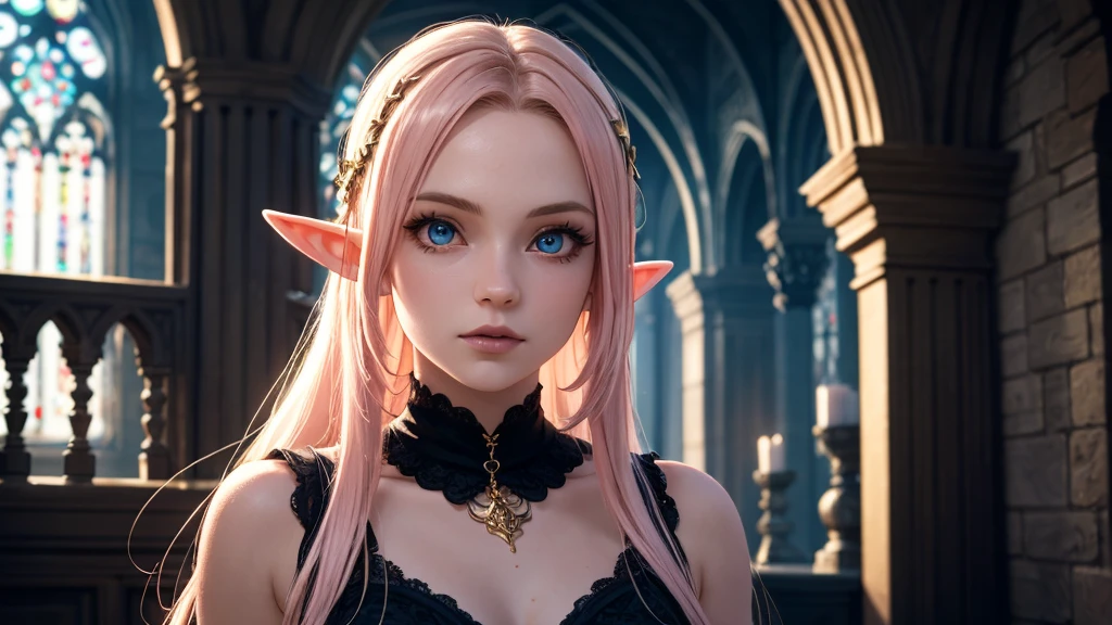 RAW, professional photograph, medium shot, photorealistic, hyper-realistic, ray tracing, super detail, UHD, 8k, female elf, twenty years old, goddess, gold jewelry, athletic body, soft facial features, long hair, straight hair, light pink hair, blue eyes, gothic style, dark Castle, gothic architecture