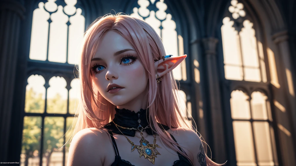 RAW, professional photograph, medium shot, photorealistic, hyper-realistic, ray tracing, super detail, UHD, 8k, female elf, twenty years old, goddess, gold jewelry, athletic body, soft facial features, long hair, straight hair, light pink hair, blue eyes, gothic style, dark Castle, gothic architecture