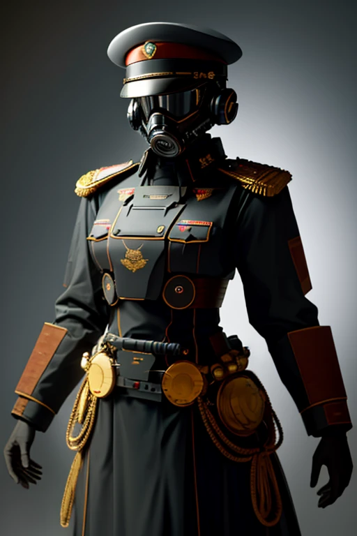 machine, automaton, military, robot, officer uniform, gas mask, soldier, communist, solo, simple background, humanoid, Russian, soviet, two eyes, circular eyes, tubing, dark, sword, officer's sword, feminine, flat-chested, black armor, tubing, helmet tubing, chest tubing, no breasts, flat chest, officer, soviet officer, soviet officer hat, solo, officer dress uniform, soviet uniform, 