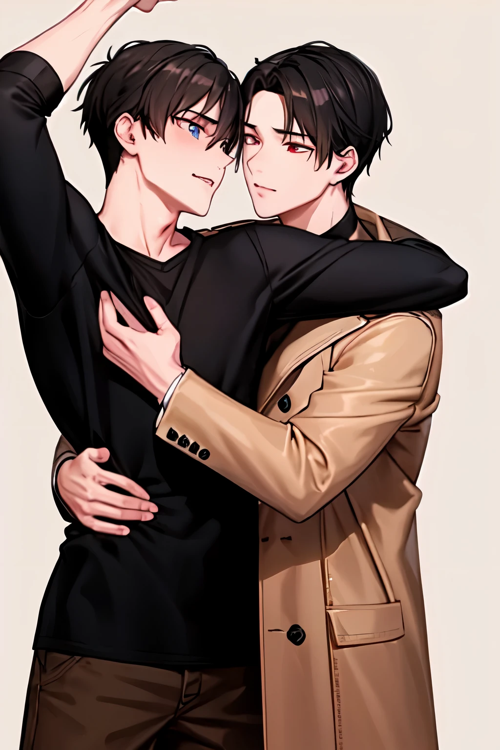 On the left is a tall pale man with short thick gray hair, who stands and looks at the camera with his red eyes with a mysterious smile, dressed in a black shirt and beige coat. He is very handsome. Next to him on the right is a young guy with black hair and blue eyes, he is so embarrassed that his cheeks are red. they hug because they love each other. they are confused. GAYS