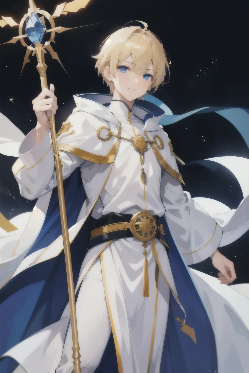 (best quality,absurdres:1.2,highres), detailed, high quality, 1 male, adult, handsome, tall, short hair, blonde hair, blue eyes, gentle smile, white clothes, white robe, gold ornates, priest, holding a staff, fantasy