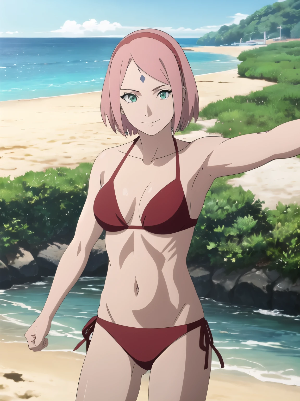 anime style, solo, 1 woman, very high resolution, perfect anatomy, ultra detailed face, high vibrance, (blue light), ((cold colors)), 1girl, haruno sakura, (tall, thin belly, off-shoulders, biceps, closed fists, pale skin, long belly, small breasts, forehead mark), ((red t-back bikini, red hair band)), looking at viewer, (beach, stretching), floating hair, big smile, cowboy shot, (reddish pink hair, short hair), spring time