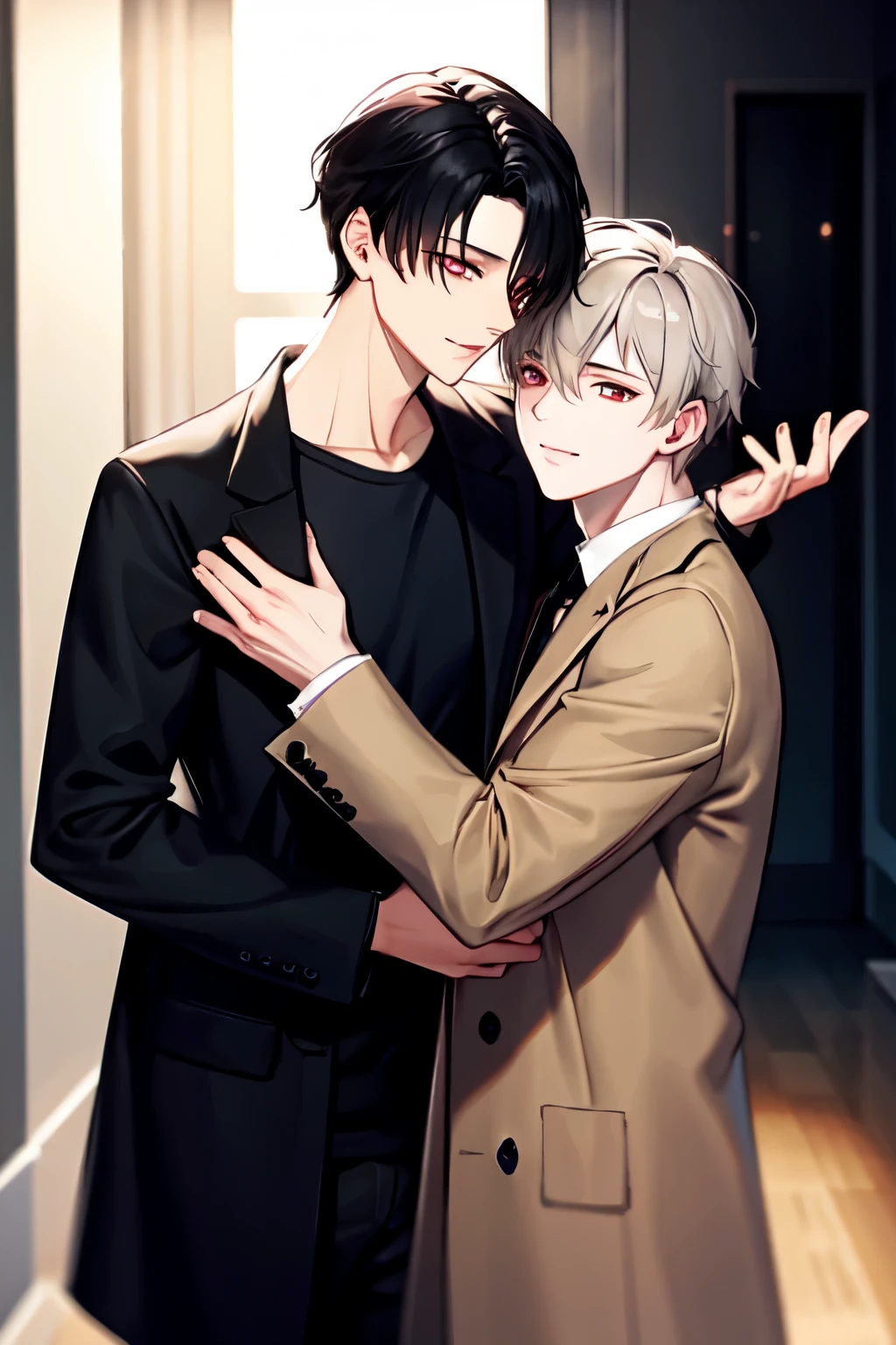 On the left is a tall pale man with short thick gray hair, who stands and looks at the camera with his red eyes with a mysterious smile, dressed in a black shirt and beige coat. He is very handsome. Next to him on the right is a young guy with black hair and blue eyes, he is so embarrassed that his cheeks are red. they hug because they love each other. they are confused. GAYS