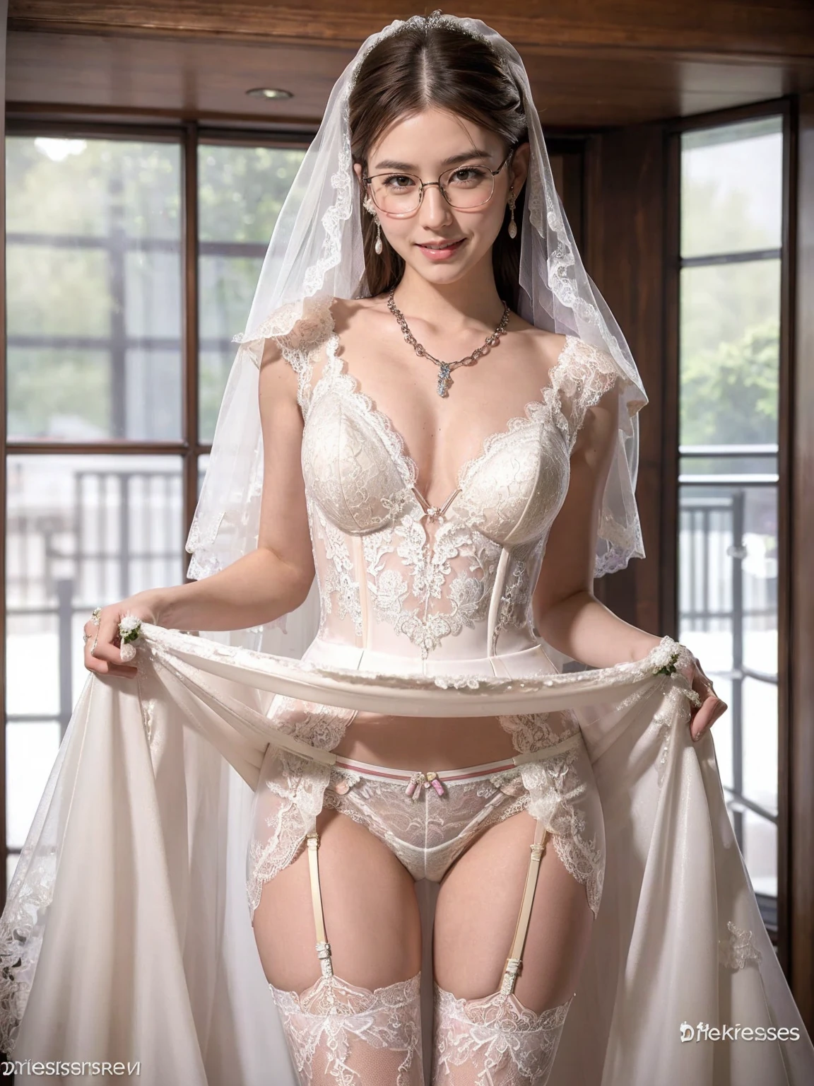 best quality, masterpiece, photorealistic, high resolution, solo, 1 girl, realistic and detailed skin,standing,  look at viewer, 20-year-old, breasts partially insight, (glasses with thick frame:1.4), slender body shape、((legs spread)),big breasts, sexy lips,(wedding dress:1.4),(purple lace bra),(garter belt),(red fishnet lingerie),((sexy lace panties))、smile、high heels、earrings、necklace,skirt lift