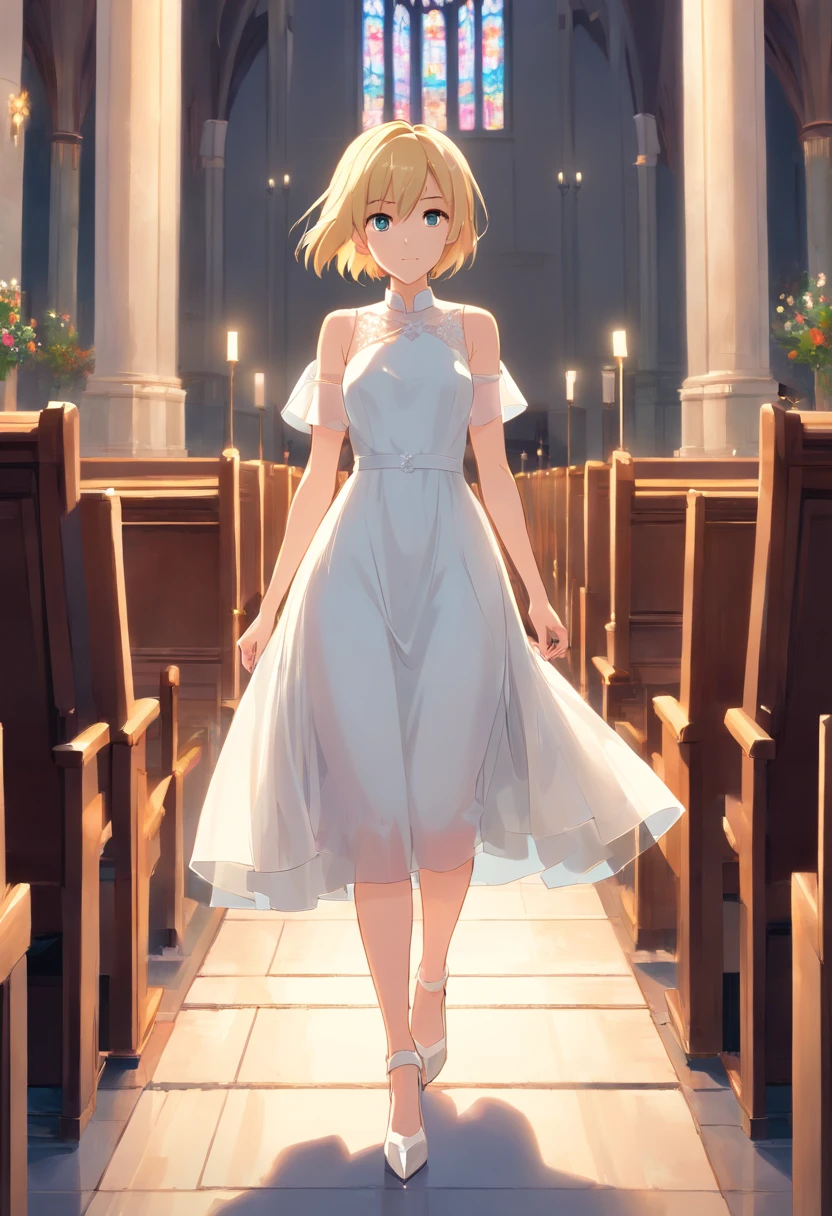 beautiful women Short blonde hair, modern white weeding dress, white hig heels, full body, walking in the curch.