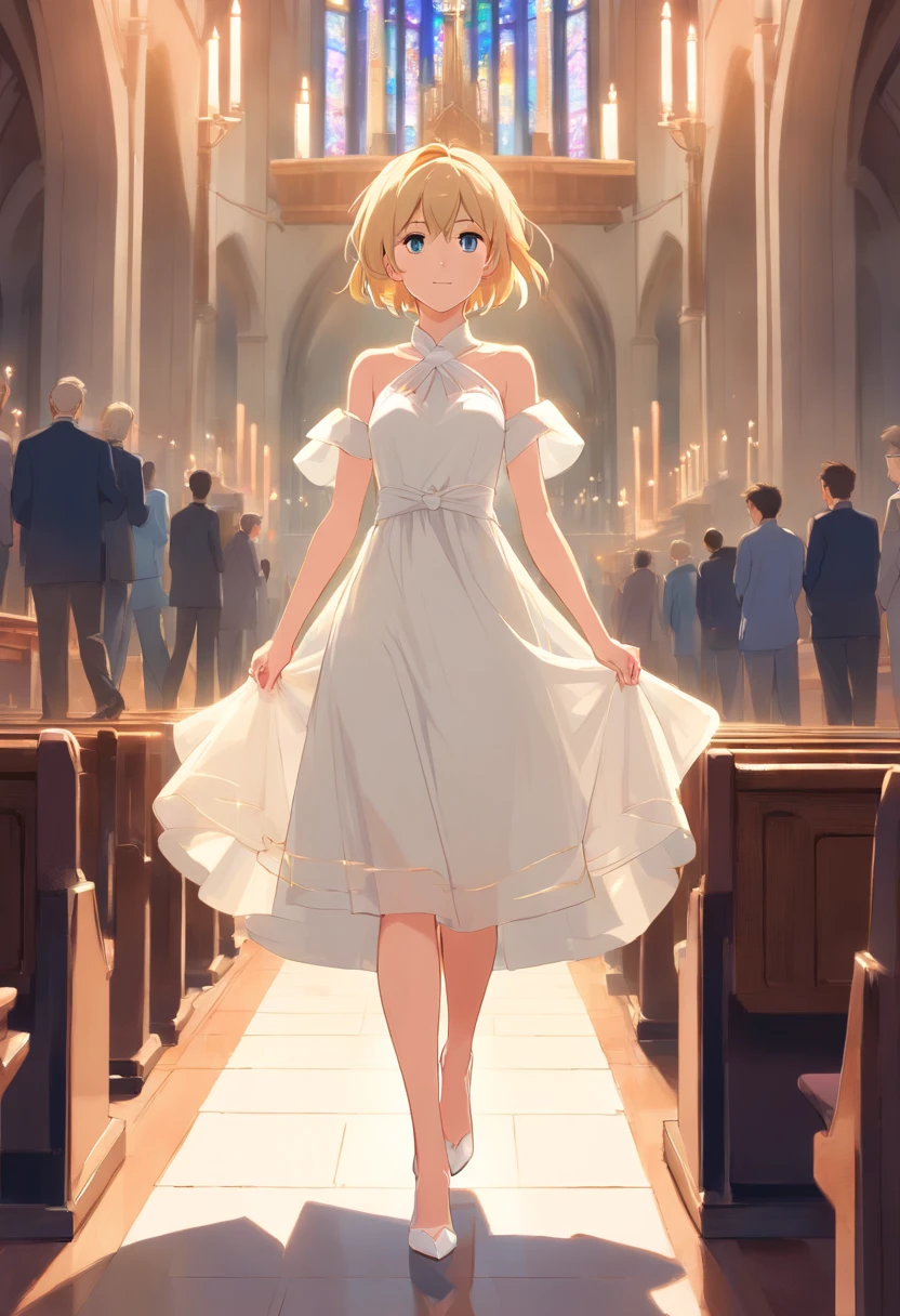 17 years old beautiful women Short blonde hair, modern white weeding dress, white hig heels, full body, walking in the curch.