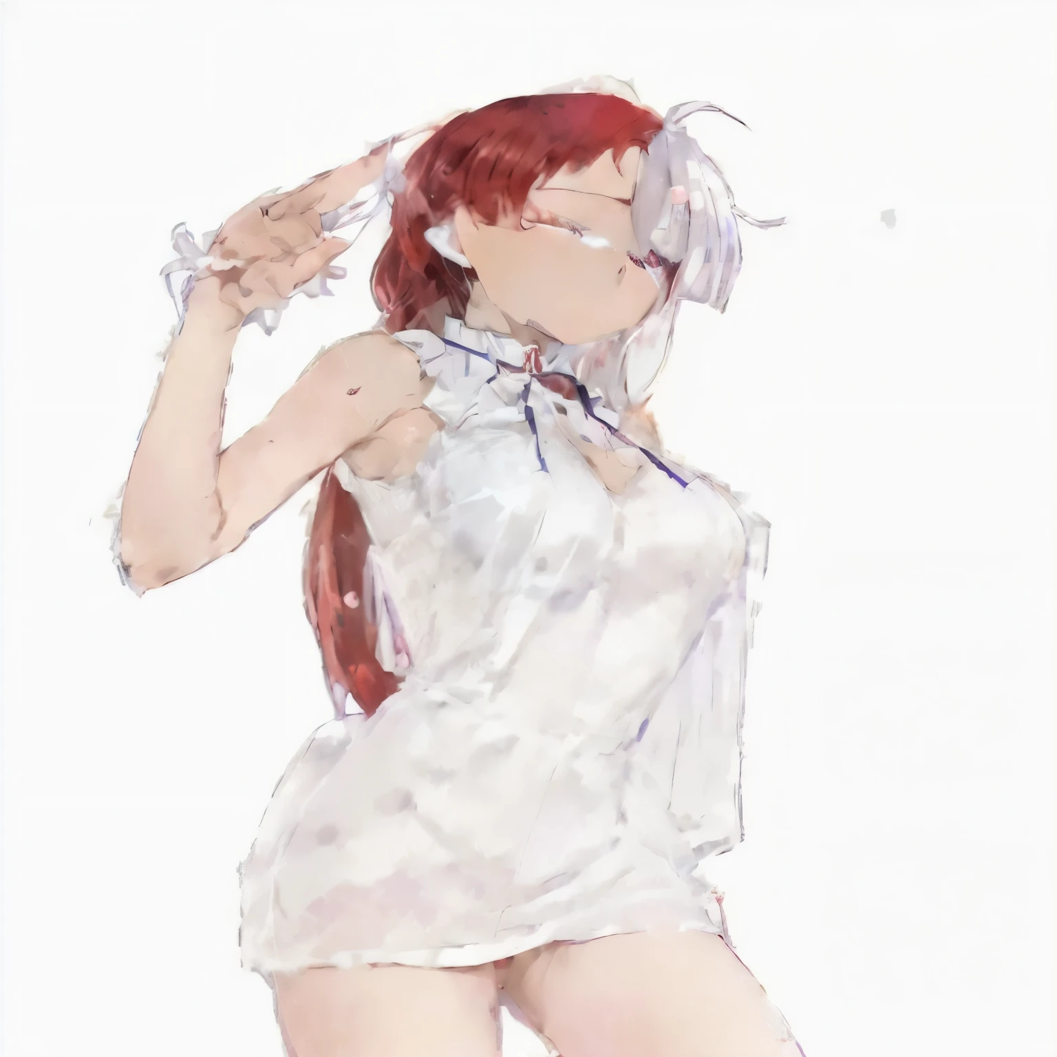 anime girl in white dress with red hair and purple eyes, in dress, with index finger, she has red hair, in white clothes, with red hair, shirabii, made with anime painter studio, gapmoe yandere, cute anime waifu in a nice dress, revealing clothes, illustrious makinami, touching her clothes, guweiz, thicc