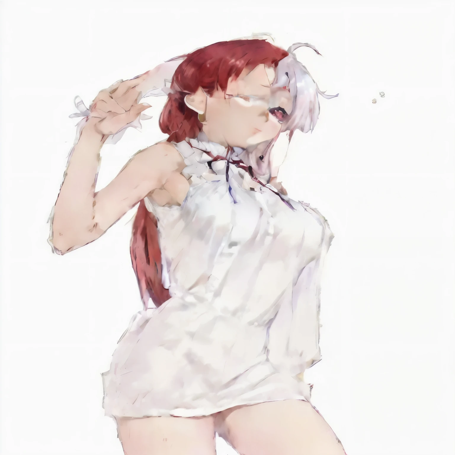 anime girl in white dress with red hair and purple eyes,  in dress, with index finger, she has red hair, in white clothes, with red hair, shirabii, made with anime painter studio, gapmoe yandere, cute anime waifu in a nice dress, revealing clothes, illustrious makinami, touching her clothes, guweiz, thicc