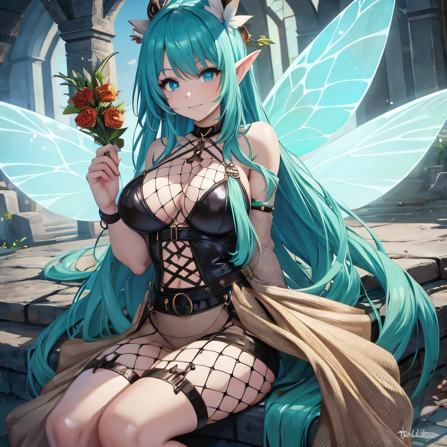 beautiful fairy in fishnets, holding a fishnet in her hands