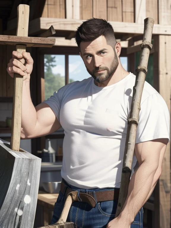 (masterpiece) top quality, Super detailed, Super realistic, 40 year old male, sharp gaze, Average person, strong, Short beard and white hair, Lumberjack shirt and sloppy jeans, (Wielding an ax: 1.3) , In cold, bluish tones, A rustic house in the background々There is、Sometimes you can see plants, dynamic angle, high resolution display, realistic lighting and shadows, breathtaking.