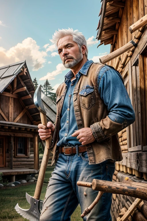 (masterpiece) top quality, Super detailed, Super realistic, 40 year old male, sharp gaze, Average person, strong, Short beard and white hair, Lumberjack shirt and sloppy jeans, (Wielding an ax: 1.3) , In cold, bluish tones, A rustic house in the background々There is、Sometimes you can see plants, dynamic angle, high resolution display, realistic lighting and shadows, breathtaking.