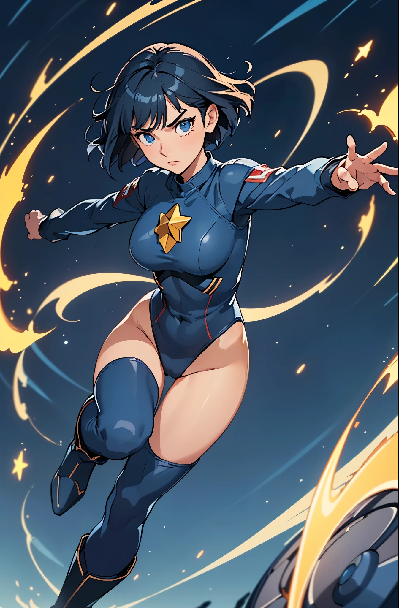 1girl, superhero, leotard, blue and red leotard, bare legs, boots, gloves, medium breasts, beautiful detailed eyes, glowing body, light surrounding her body, light particles, space backdrop, standing pose, floating, cowboy shot, full body shot, superpower, perfect anatomy.