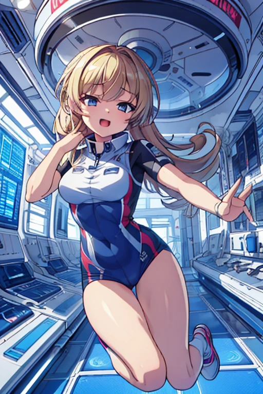 top-quality,Top image quality,in 8K,4K,masterpiece,ultra-detailliert,Beautiful,ultra-quality, best quality,high resolution, ultra-detailed,game cg,dutch angle,(acrobatic pose):5,jumping:5,(inside spacestation,)beautiful detailed eyes,five fingers,headphone,nsfw,a beauty girl,(astrovest):5,(track uniforms),wet,(steam:1.5),Running form,open open mouth,(blonde hair),(long hair):2,Navel,space_station_interior, exercise_room, futuristic, high_technology, zero_gravity_exercise_equipment, high_resolution_landscape, sleek_design, minimalistic, 8K_resolution, game_cg_style, Dutch_angle, detailed_character, track_uniform, perfect_running_form, intense_expression, detailed_eyes, determination, steam:1.5, beauty, strength, five_fingers, visible_navel, open_mouth, ultra_quality, high_resolution, ultra_detailed,astrovest