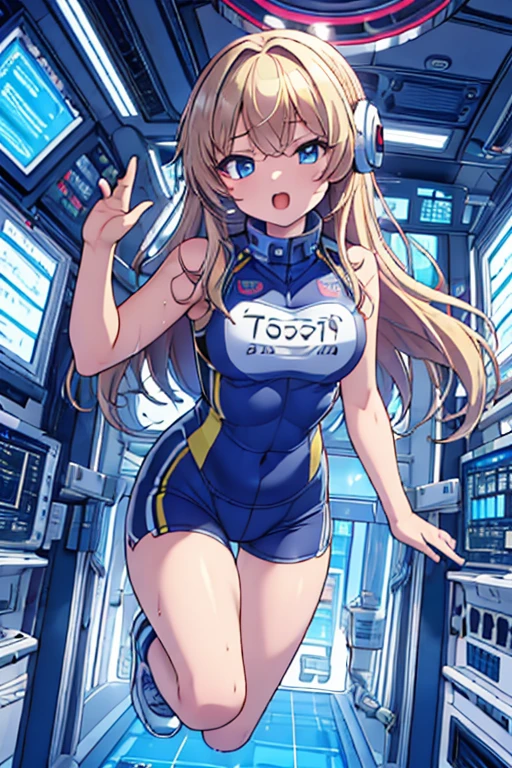 top-quality,Top image quality,in 8K,4K,​masterpiece,ultra-detailliert,Beautiful,ultra-quality, best quality,high resolution, ultra-detailed,game cg,dutch angle,(acrobatic pose):5,jumping:5,(inside spacestation,)beautiful detailed eyes,five fingers,headphone,nsfw,a beauty girl,(astrovest):5,(track uniforms),wet,(steam:1.5),Running form,open open mouth,(blonde hair),(long hair):2,Navel,space_station_interior, exercise_room, futuristic, high_technology, zero_gravity_exercise_equipment, high_resolution_landscape, sleek_design, minimalistic, 8K_resolution, game_cg_style, Dutch_angle, detailed_character, track_uniform, perfect_running_form, intense_expression, detailed_eyes, determination, steam:1.5, beauty, strength, five_fingers, visible_navel, open_mouth, ultra_quality, high_resolution, ultra_detailed,astrovest