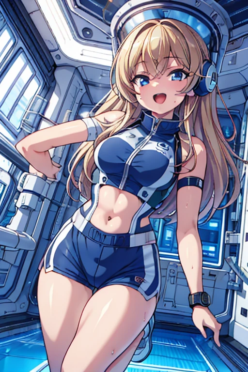 top-quality,Top image quality,in 8K,4K,​masterpiece,ultra-detailliert,Beautiful,ultra-quality, best quality,high resolution, ultra-detailed,game cg,dutch angle,(acrobatic pose):5,jumping:5,(inside spacestation,)beautiful detailed eyes,five fingers,headphone,nsfw,a beauty girl,(astrovest):5,(track uniforms),wet,(steam:1.5),Running form,open open mouth,(blonde hair),(long hair):2,Navel,space_station_interior, exercise_room, futuristic, high_technology, zero_gravity_exercise_equipment, high_resolution_landscape, sleek_design, minimalistic, 8K_resolution, game_cg_style, Dutch_angle, detailed_character, track_uniform, perfect_running_form, intense_expression, detailed_eyes, determination, steam:1.5, beauty, strength, five_fingers, visible_navel, open_mouth, ultra_quality, high_resolution, ultra_detailed,astrovest