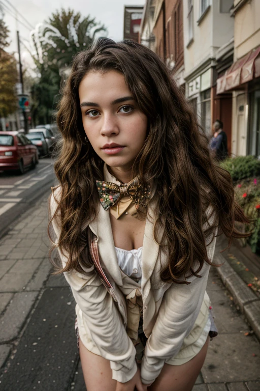 full body photograph of a brunette woman with wavy hair, 21 years old, realistic photo, in street, (Bow tie)