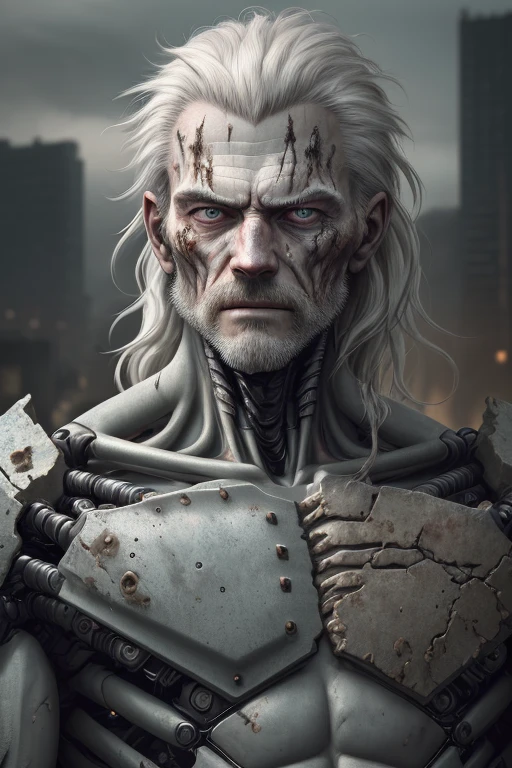 Close-up Portrait of a Brutal cyborg Man: Shooting a RAW image with a DSLR, specifically a Fujifilm XT3, captures every intricate detail of the man's weathered face. The 8k UHD high-definition resolution brings out the texture of his long, unkempt hair, providing a clear contrast against his pale, gaunt skin. The city ruins background is obscured by the soft lighting, creating an evocative atmosphere. Each pore on his weathered skin is visible (high detailed skin: 1.2), revealing the signs of a life lived at the edge. The man chest was a robot.
