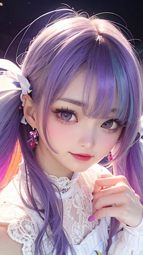 small face、 (alone:1.5,)Super detailed,bright colors, very beautiful detailed anime face and eyes, look straight,  shiny_skin,girl, (((rainbow colored hair, colorful hair, Half blue、Half purple hair: 1.2))), 、shiny hair, delicate beautiful face, blush、Glasses、(turquoise eyes), , Valletta, earrings,、flower garden、sunset、(（white、(Stylish lace mini skirt,Translucent shirt)))、（twin tails）、smile、happy face、face dyed red、cheerful pose、dynamic、