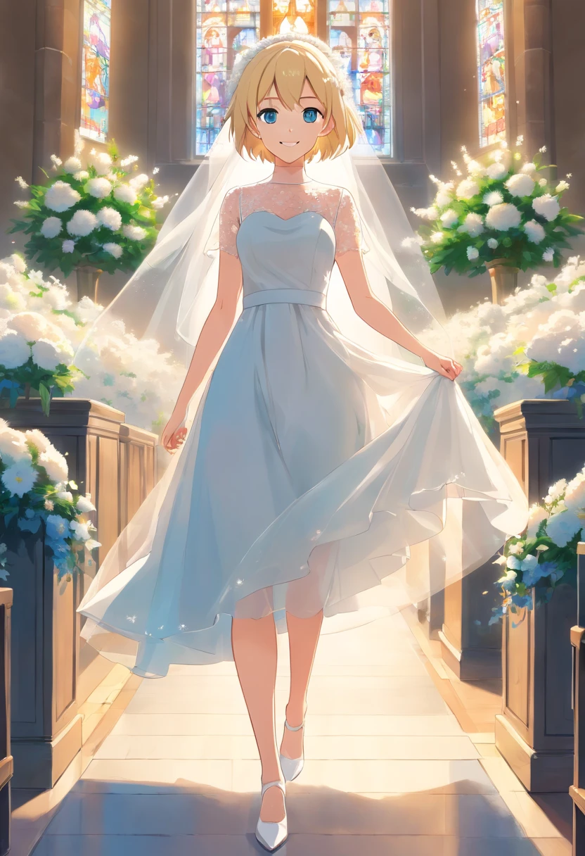beautiful women Short blonde hair, Blue eyes, smile, modern white weeding dress with veil, white hig heels, full body, walking in the curch. Bouquete of flowers in her hands