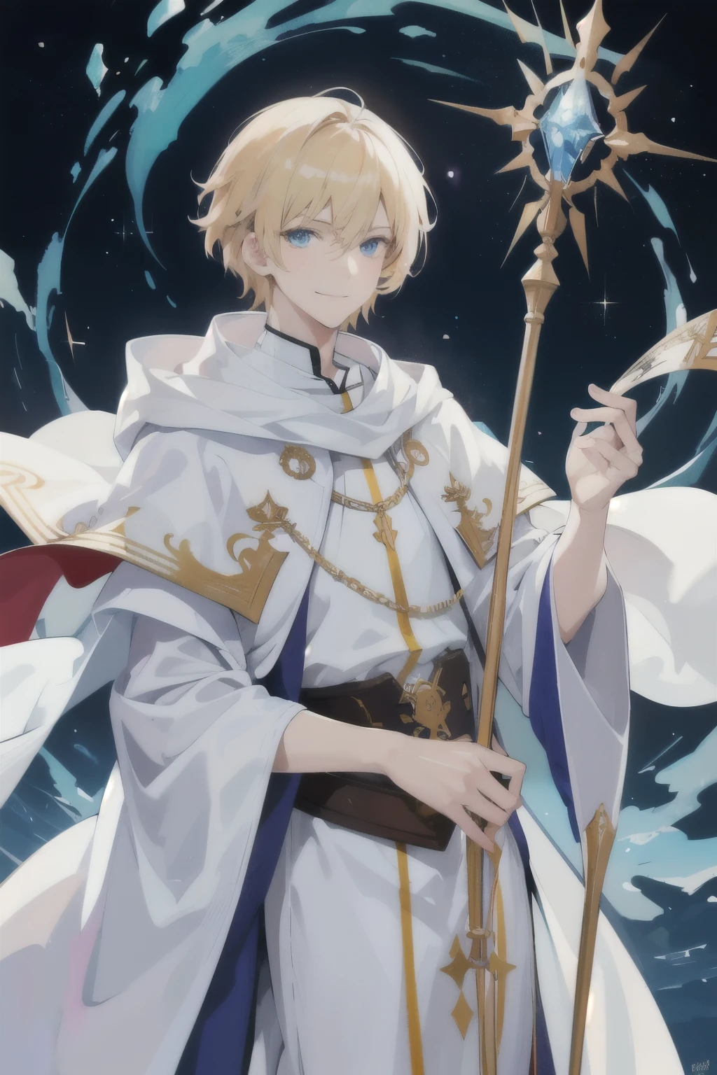 (best quality,absurdres:1.2,highres), (watercolor texture), detailed, high quality, 1 male, adult, handsome, tall, short hair, blonde hair, blue eyes, gentle smile, white clothes, white robe, gold ornates, priest, holding a staff, fantasy, holy aura