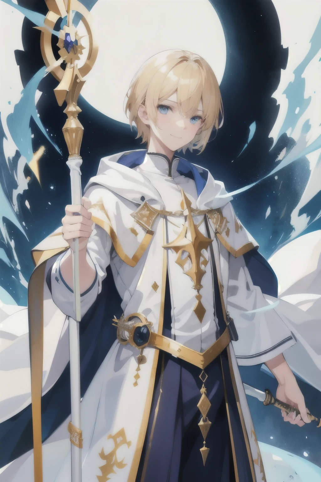 (best quality,absurdres:1.2,highres), detailed, high quality, 1 male, adult, handsome, tall, short hair, blonde hair, blue eyes, gentle smile, white clothes, white robe, gold ornates, priest, holding a staff, fantasy, holy aura, watercolor texture, watercolor art