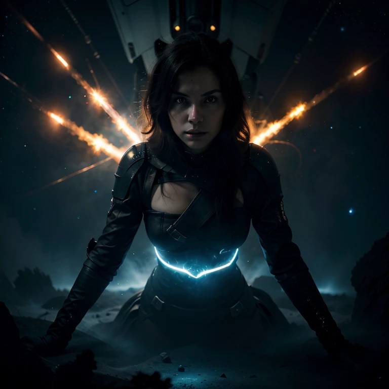 In the depths of space, a space pirate floats on a star ship, her gaze pierces the black sky, and behind her shoulders, whirlwinds of stars and flaming comets leave an ominous trail.