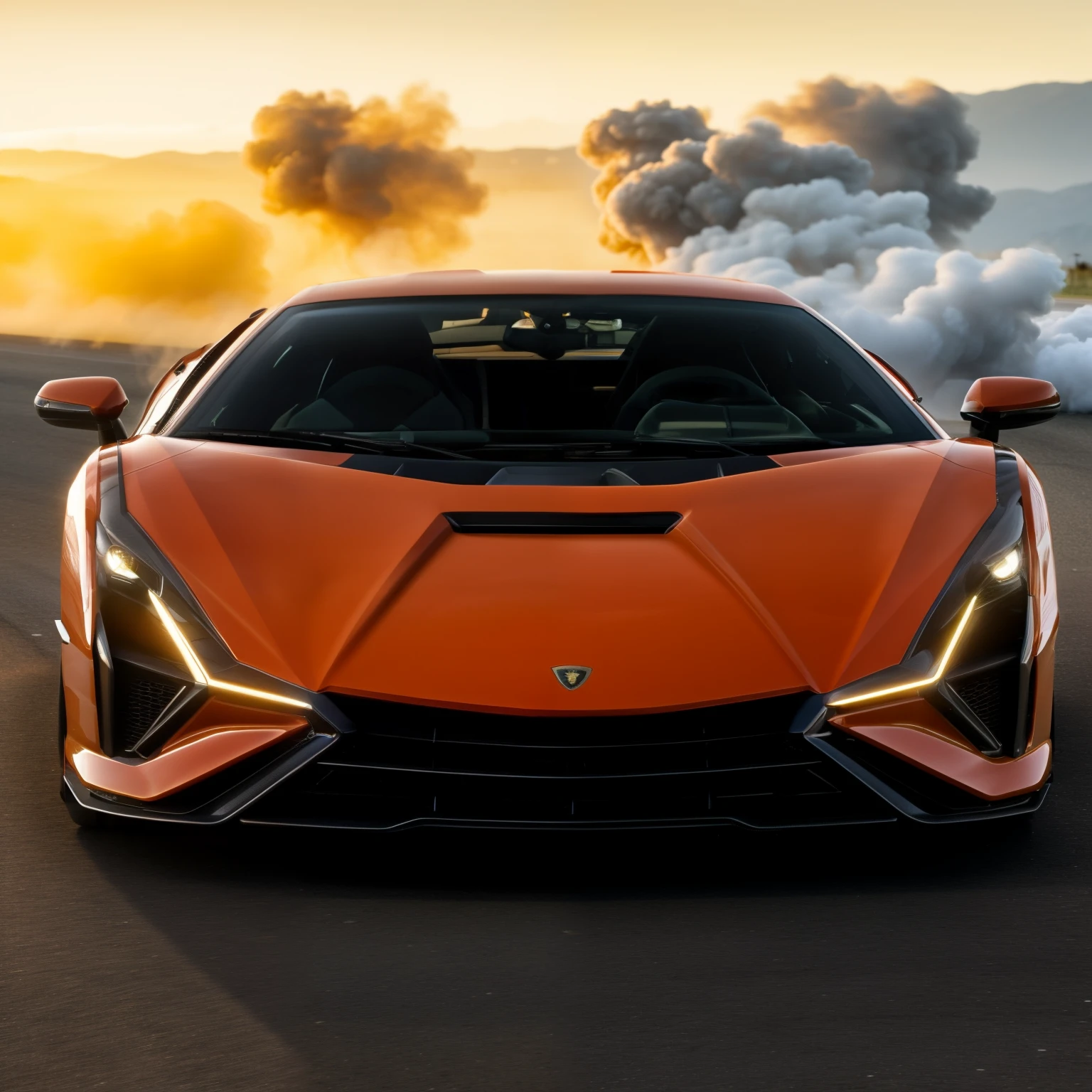 A lamborghini sian, in deep carrot orange, burns rubber on an open highway, leaving behind a plume of white smoke as it drifts, capturing the power and legacy of sweden hypercar