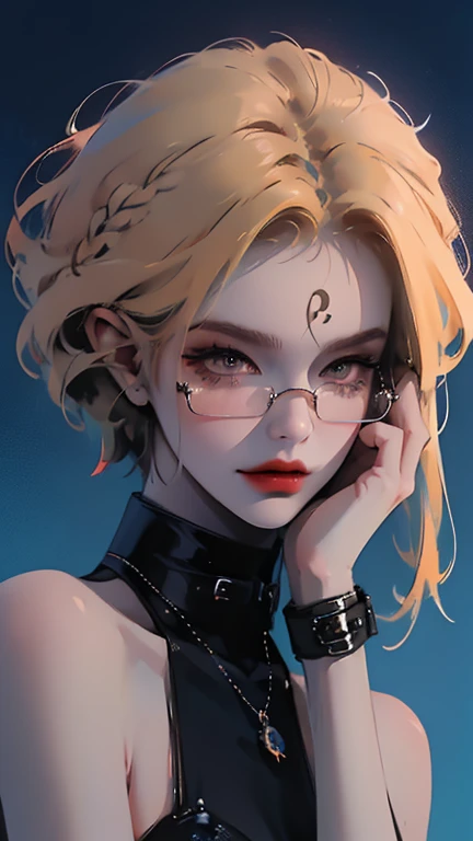1 chica de piel oscura, usa gafas de montura gruesa que resaltan sus rasgos faciales, con pelo corto, camisa ajustada, con detalles en colores vibrantes y falda azul botas altas con suela