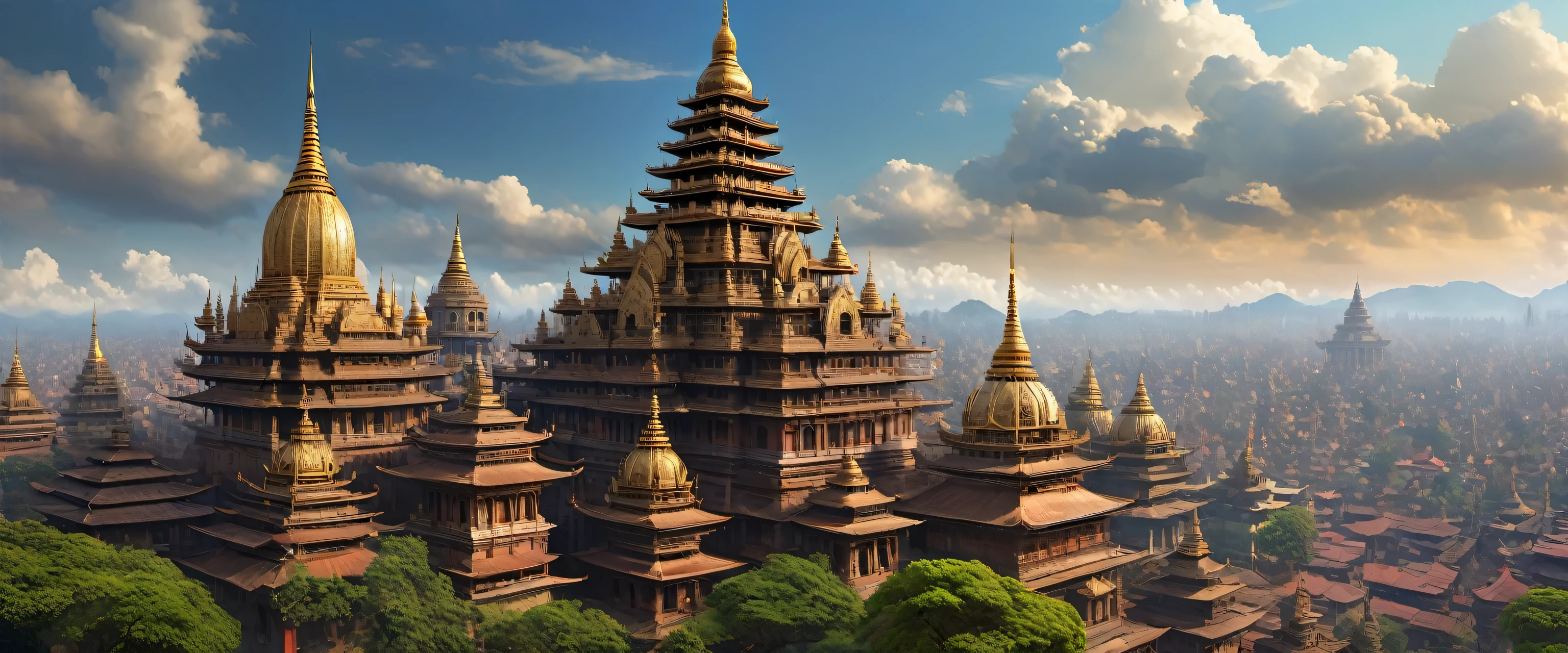 there are many buildings in the city with many spires, a detailed matte painting by Kerembeyit, shutterstock, renaissance, nepali architecture buildings, huge futuristic temple city, nepal, large temples, realistic painting of a complex, ancient city landscape, elaborate matte painting, highly detailed matte painting, intricate matte painting, buddhist architecture, hyperdetailed 3 d matte painting