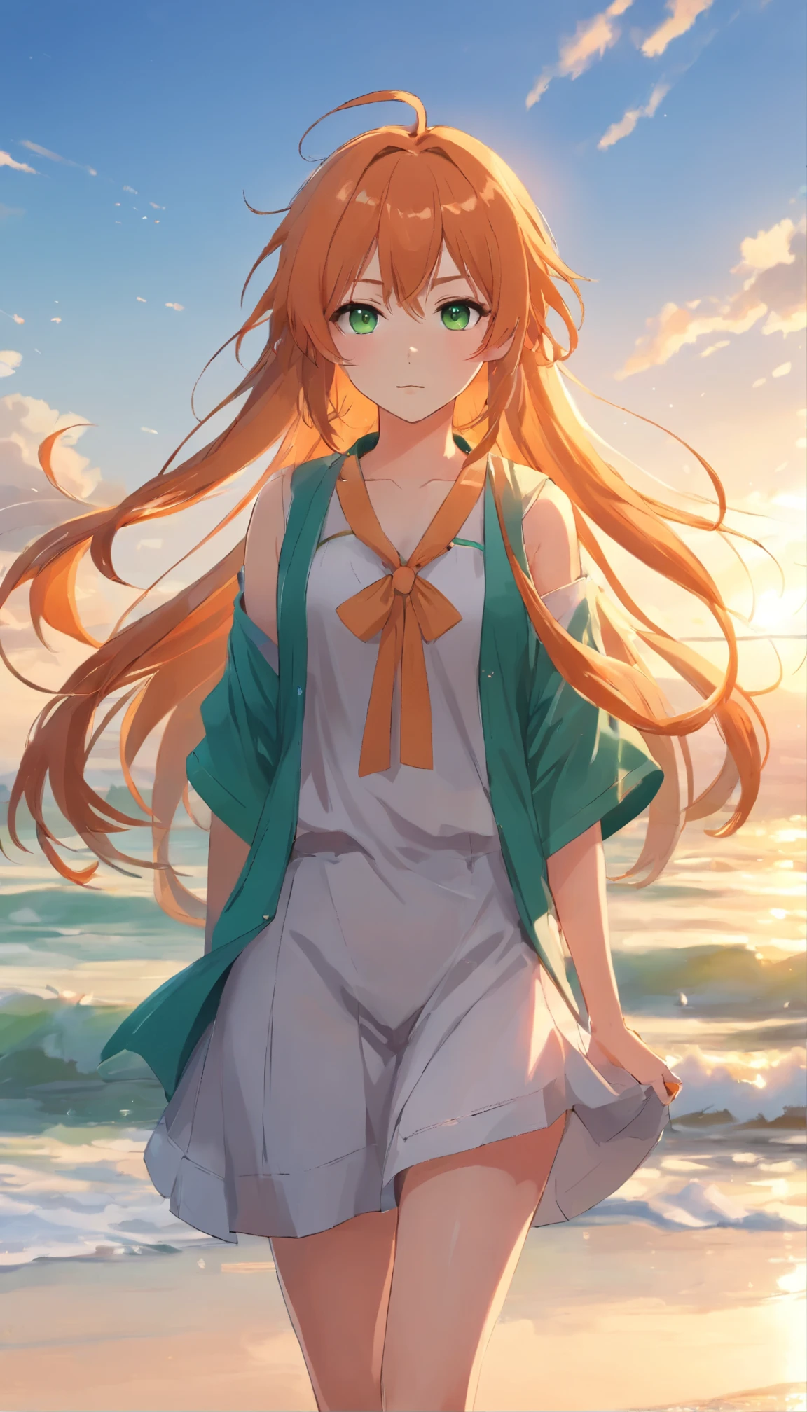 Anime girl with long orange hair, standing on the beach near the ocean, green eyes detailed digital anime art, cat ear, anime girl with long hair, гладкое аниме cg art, anime girl with long hair, digital anime art, work in Guweiz style, Beautiful anime portrait, Photorealistic render of an anime girl, Beautiful anime girl, advanced digital anime art, guweiz на artstation pixiv HD UHD HQ
