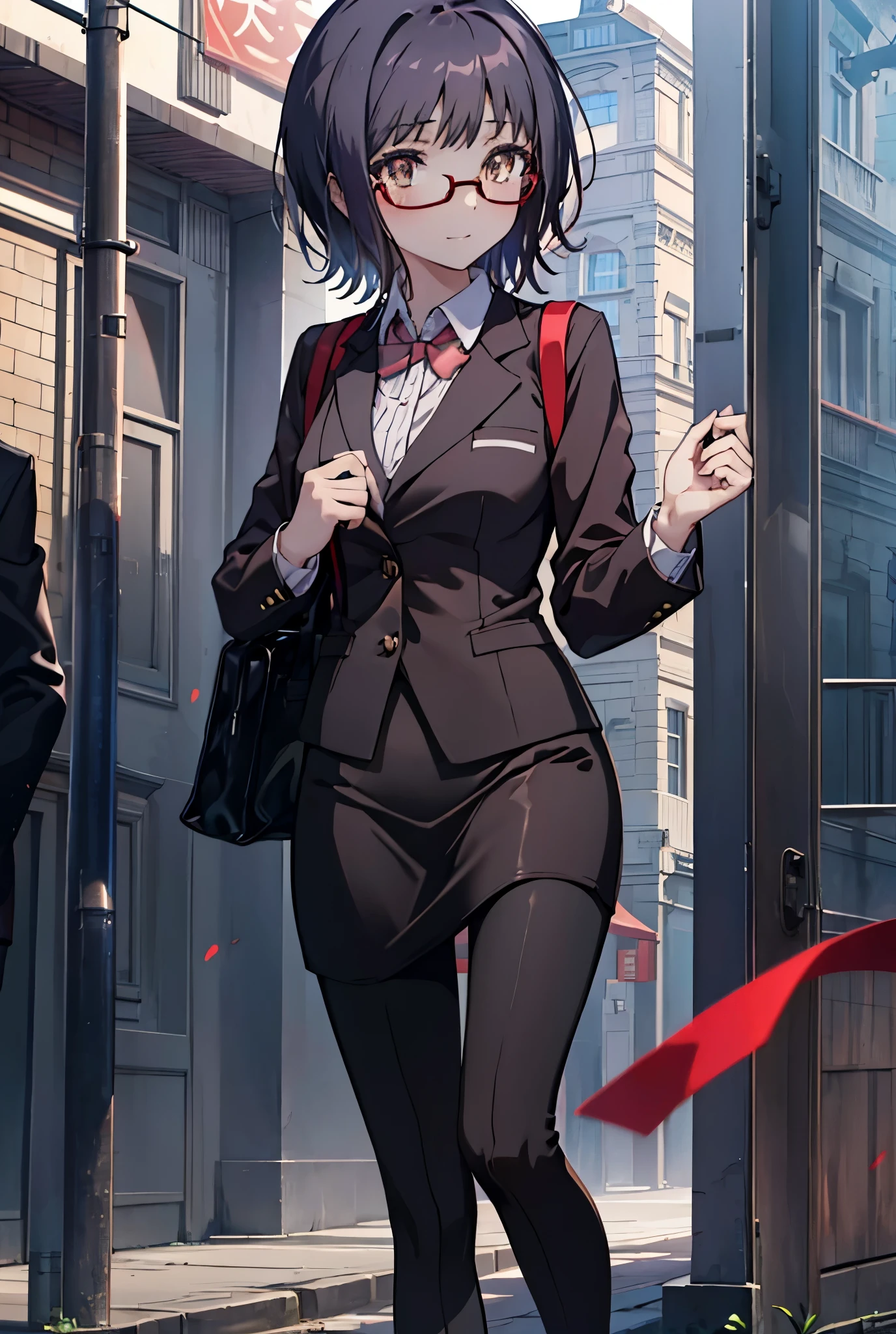 masterpiece, highest quality, confused, perfect anatomy, 1 girl, alone, Itsuwa,short hair,black hair,brown eyes,smile,blush,happy atmosphere,OL, red glasses, end, black suit jacket, collared jacket, white dress shirt, collared shirt, neckline, button, strap, ID card on neck, black pencil skirt, black pantyhose, stiletto heels,walk,morning,morning陽,the sun is rising,In town,building street,(masterpiece:1.2), highest quality, High resolution, unity 8k wallpaper, (shape:0.8), (beautiful and detailed eyes:1.6), highly detailed face, perfect lighting, Very detailed CG, (perfect hands, perfect anatomy),