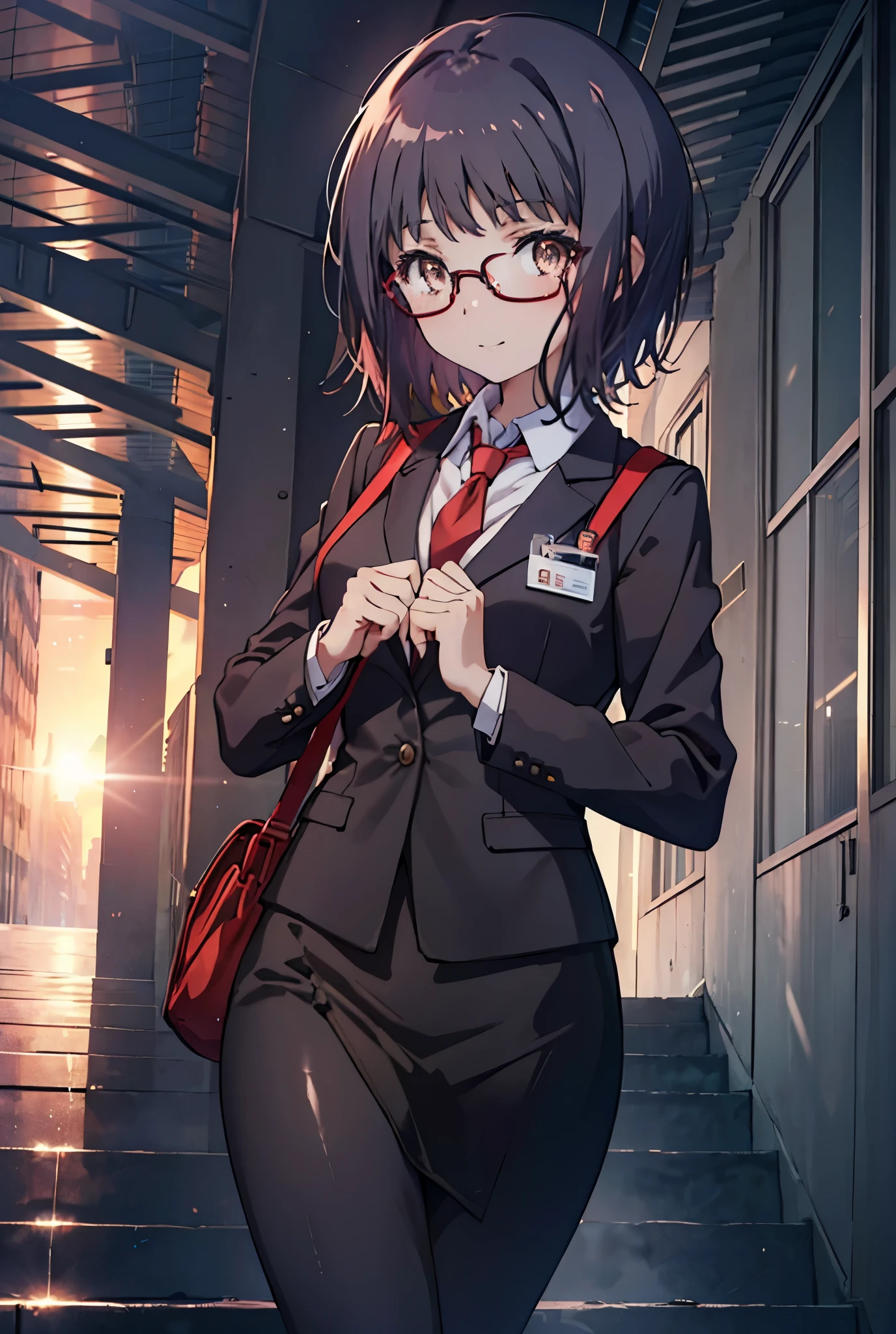 masterpiece, highest quality, confused, perfect anatomy, 1 girl, alone, Itsuwa,short hair,black hair,brown eyes,smile,blush,happy atmosphere,OL, red glasses, end, black suit jacket, collared jacket, white dress shirt, collared shirt, neckline, button, strap, ID card on neck, black pencil skirt, black pantyhose, stiletto heels,walk,morning,morning陽,the sun is rising,In town,building street,(masterpiece:1.2), highest quality, High resolution, unity 8k wallpaper, (shape:0.8), (beautiful and detailed eyes:1.6), highly detailed face, perfect lighting, Very detailed CG, (perfect hands, perfect anatomy),