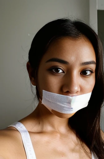 selfie of a beautiful 23 year old malay girl with freckles, gagged, tape gag