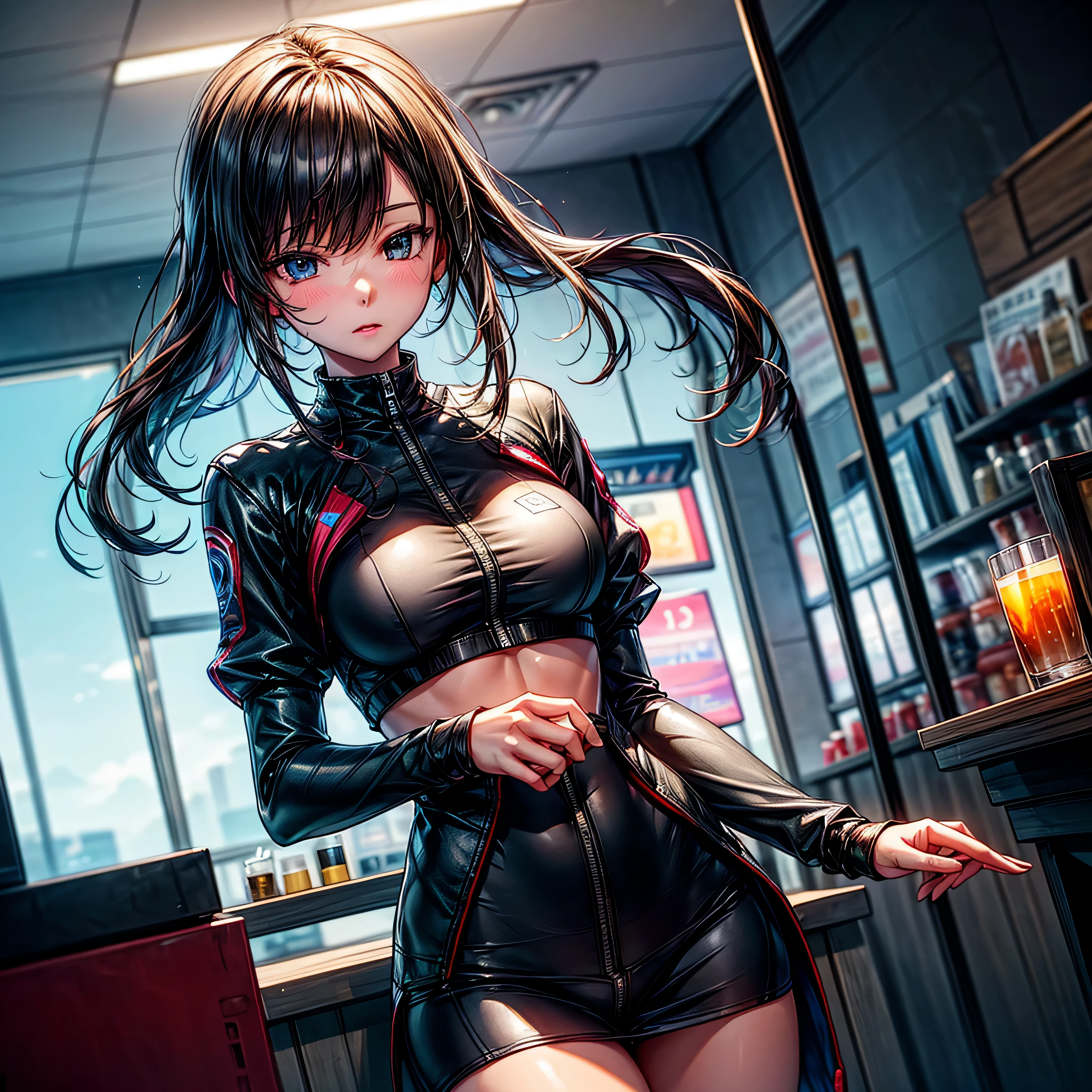 the girl from the reference image in several sensual poses, long dark hair with ponytail on top, side bangs, dark eyeline, defined face, makeup, lipstick, fair skin, small boobs, cyberpunk theme, "Masterpiece, high quality, detailed, high resolution, 4k, 8k, realistic skin texture, amazing shadows, perfect lighting, realistic."