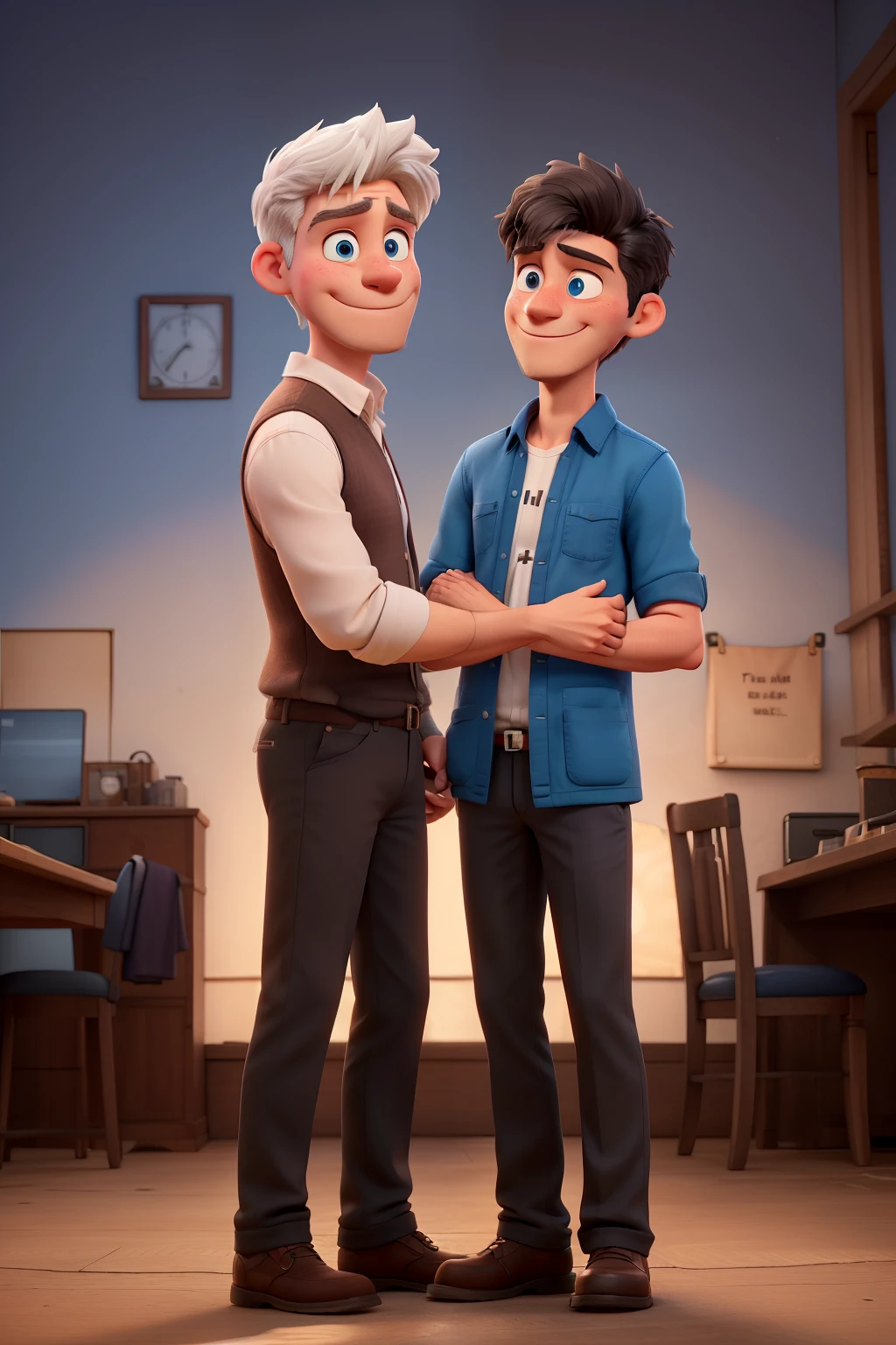 There is a white-haired man on the left. he is tall, handsome, without a beard. His eyes are red and tired. he smiles mysteriously. To his right is a short, black-haired guy. He has beautiful blue eyes. He's embarrassed by the hugs.