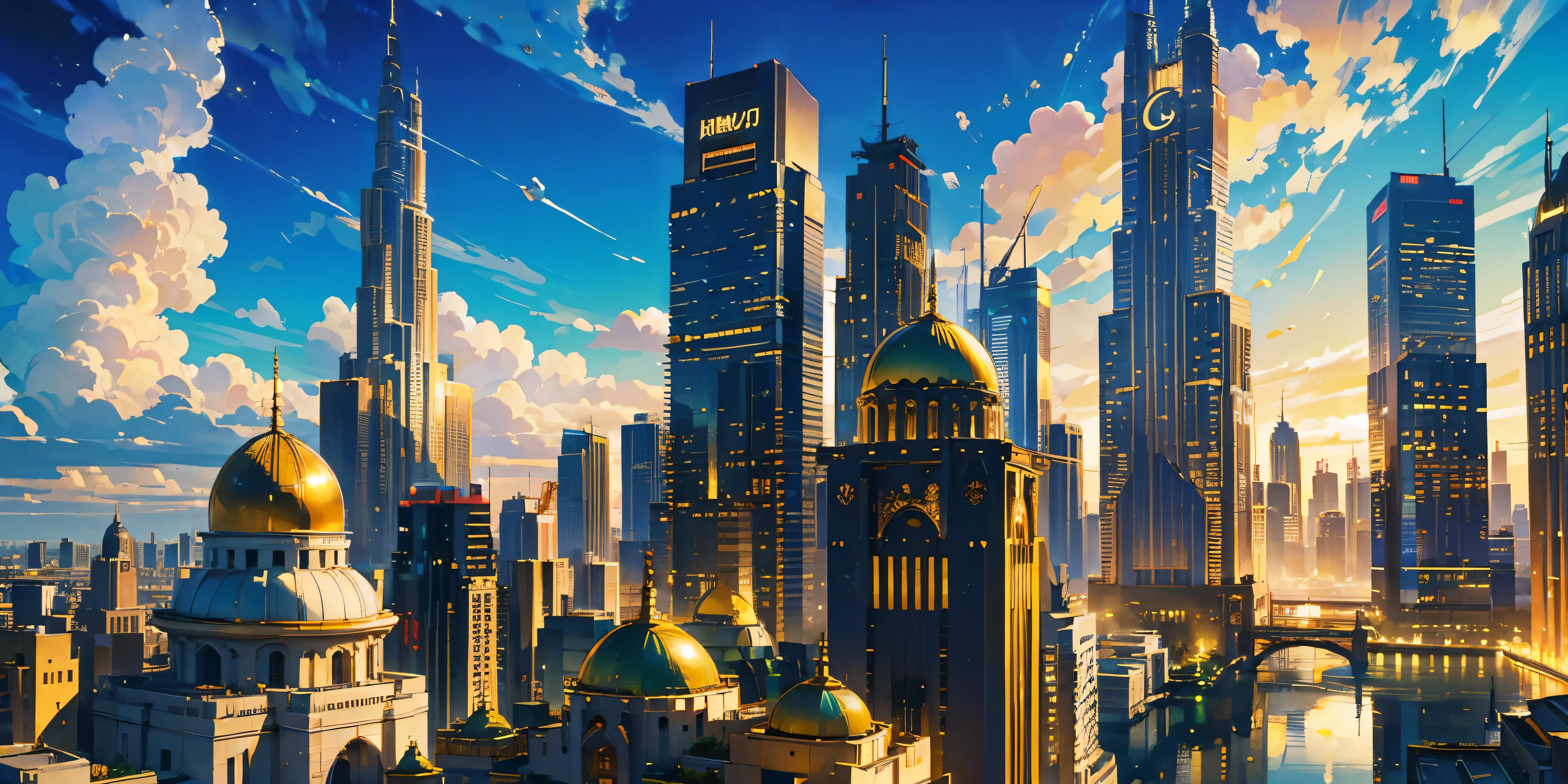 high-definition,highest quality,masterpiece,Movie quality,Cinematic light and shadow,Camera perspective,Camera angle,Poster cover,Close-up of the Photogram,City,Blue sky and white clouds,Gold green atmosphere,Beautiful City,Beautiful City,city-state,top view,golden sky,Golden vibe,Dubai,Developed City,Gold green paint,Dubai Tower,City,Golden statue,Golden City,Gold and green interweaving